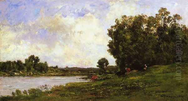 Cattle on the Bank of the River Oil Painting by Charles-Francois Daubigny