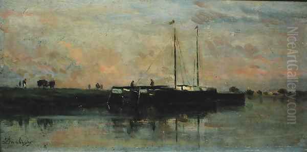 Barges at Bezons Oil Painting by Charles-Francois Daubigny