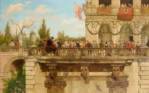 Elegant Figures On A Balcony Oil Painting by Tomas Moragas y Torras