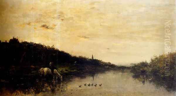 Chevaux Au Bord De L'Oise Oil Painting by Charles-Francois Daubigny