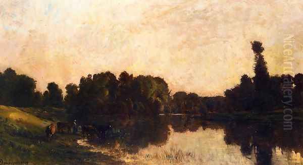 Daybreak, the Oise, Ile de Vaux Oil Painting by Charles-Francois Daubigny