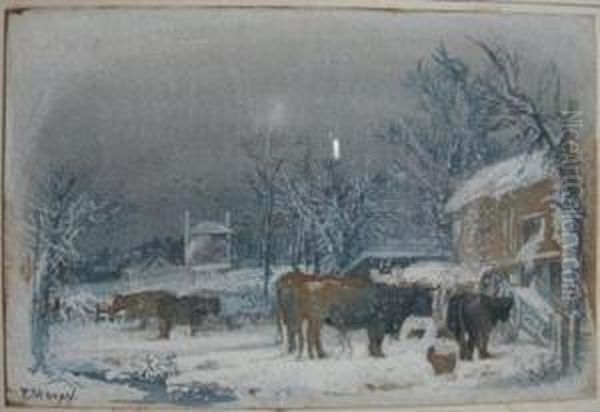 Cattle In Wintry Farmyard Oil Painting by Edward Percy Moran