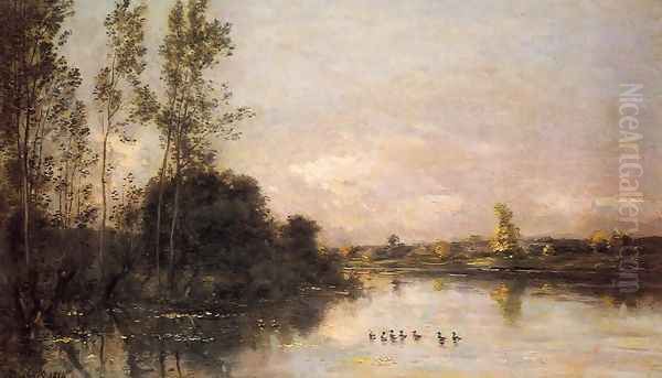 Ducklings in a River Landscape Oil Painting by Charles-Francois Daubigny