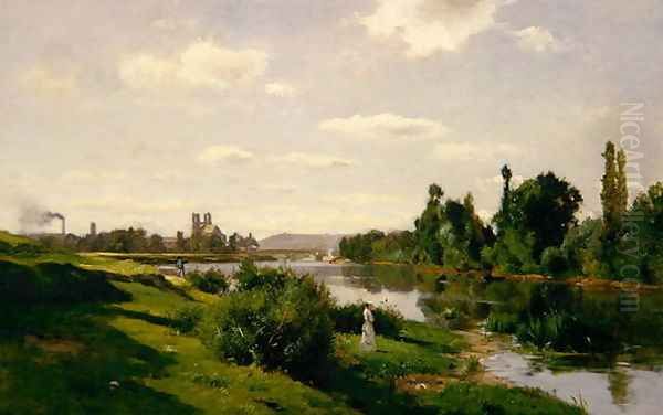 The River Seine at Mantes, c.1856 Oil Painting by Charles-Francois Daubigny