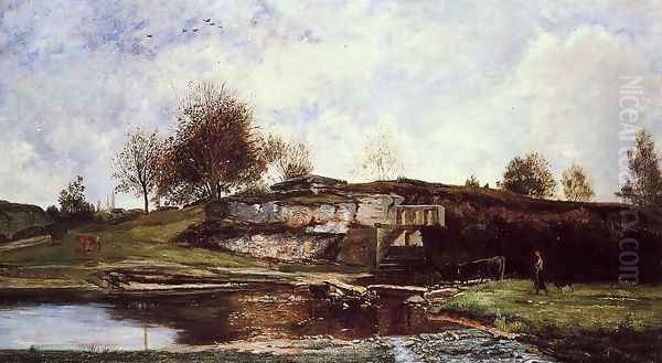 Sluice in the Optevoz Valley Oil Painting by Charles-Francois Daubigny