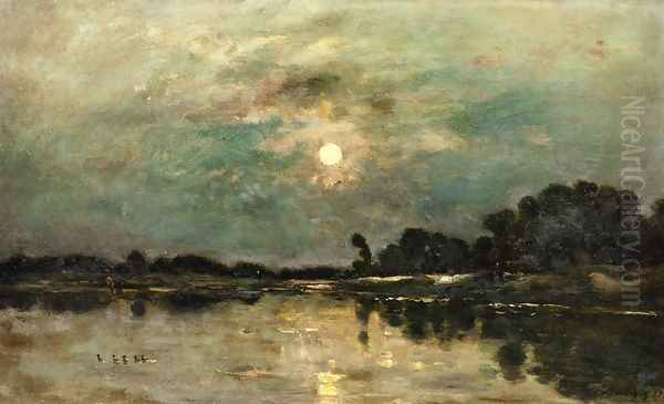 Riverbank in Moonlight Oil Painting by Charles-Francois Daubigny