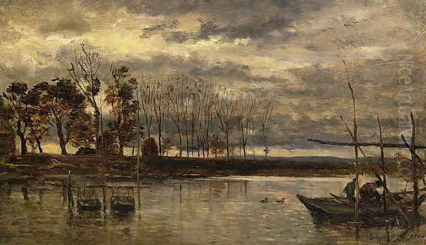 Eel Fishermen Oil Painting by Charles-Francois Daubigny