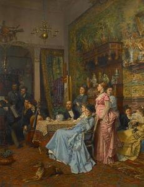 Concert D'amateurs Dans Un Atelier D'artiste Oil Painting by Adrien Moreau