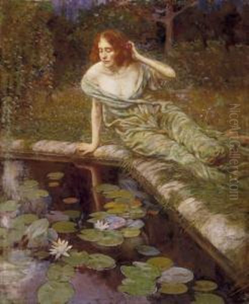 Woman With Water Lillies Oil Painting by Adrien Moreau