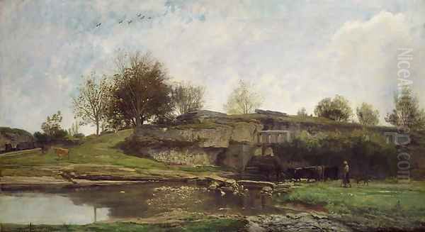 The Lock at Optevoz, 1855 Oil Painting by Charles-Francois Daubigny