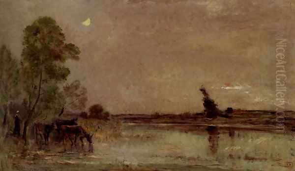 L'Abreuvoir, Effet De Lune Oil Painting by Charles-Francois Daubigny