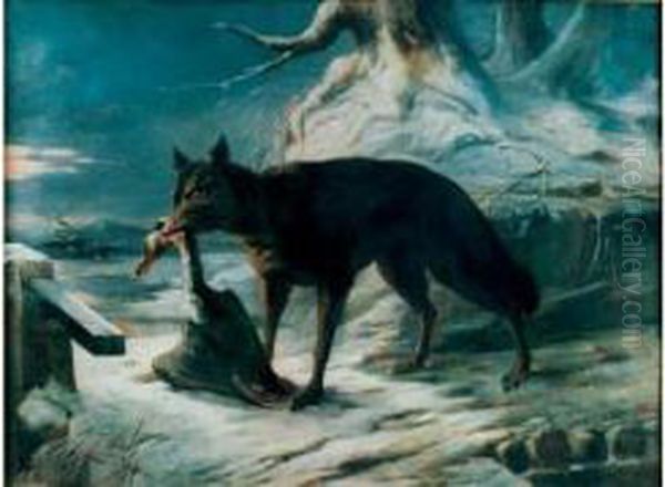 Le Loup Et Sa Proie Dans Un Paysage De Neige Oil Painting by Auguste Louis Mathurin Moreau