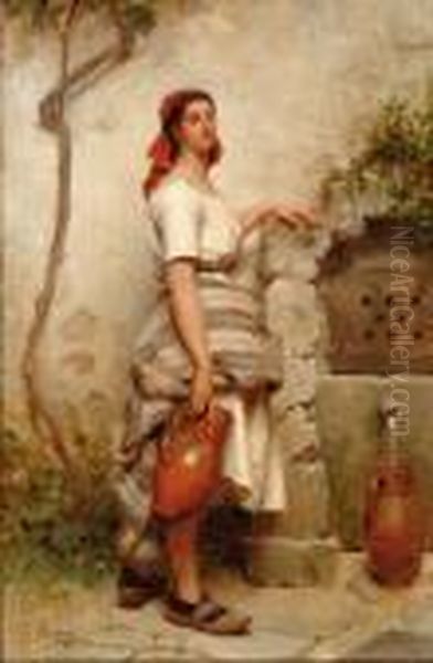 Young Woman With Water Jarsby A Well Oil Painting by Charles Moreau