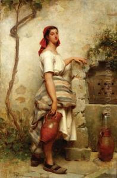 Young Woman With Jugs Near A Well Oil Painting by Charles Moreau