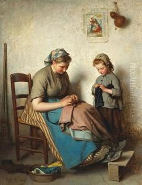 The Knitting Lesson Oil Painting by Charles Moreau