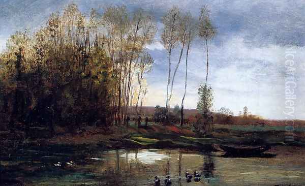 Riviere Avec Six Canards Oil Painting by Charles-Francois Daubigny