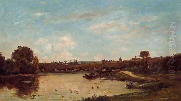 Washerwoman near Valdomdois Oil Painting by Charles-Francois Daubigny