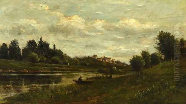 Fisherman on the Banks of the River Oil Painting by Charles-Francois Daubigny