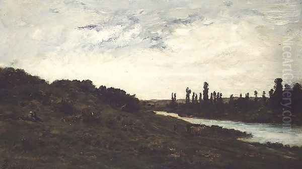 Herdsmen and Cattle in a wooded river landscape Oil Painting by Charles-Francois Daubigny