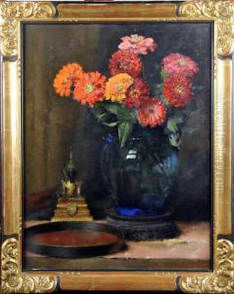 Nature Morte Au Vase Garni De Fleurs Et Au Bouddha Oil Painting by Henri Moreau