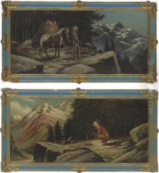 A Native American Smoking A Pipe
 By The Fire; And A Native American With His Horse Overlooking Snow 
Capped Mountains Oil Painting by Henri Moreau