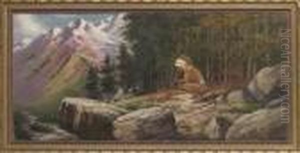 A Native American Smoking A Pipe By A Fire Oil Painting by Henri Moreau