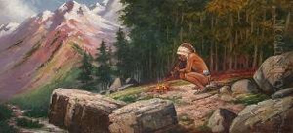 A Red Indian By A Fire, Mountains Beyond Oil Painting by Henri Moreau