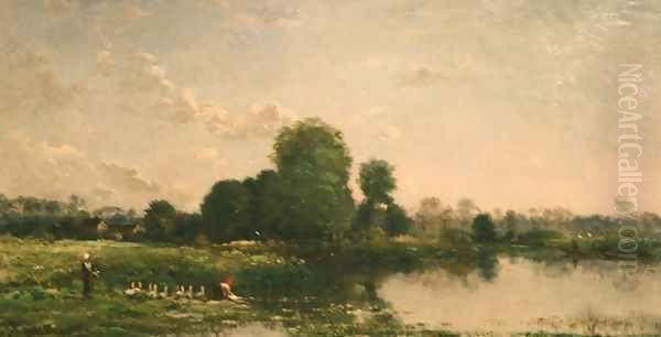 Riverbank with Fowl Oil Painting by Charles-Francois Daubigny