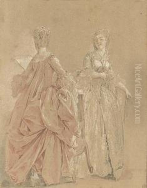 Two Ladies In Elegant Costume: Study For 'the Harpsichordlesson' Oil Painting by Jean-Michel Moreau