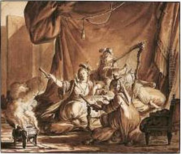 Three Oriental Ladies In An Interior, One Playing A Harp, Another Embroidering Oil Painting by Jean-Michel Moreau