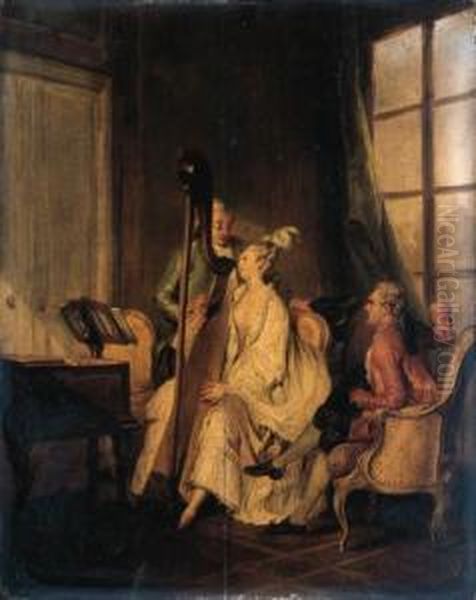 'l'accord Parfait': A Lady Playing The Harp For Two Young Men Oil Painting by Jean-Michel Moreau