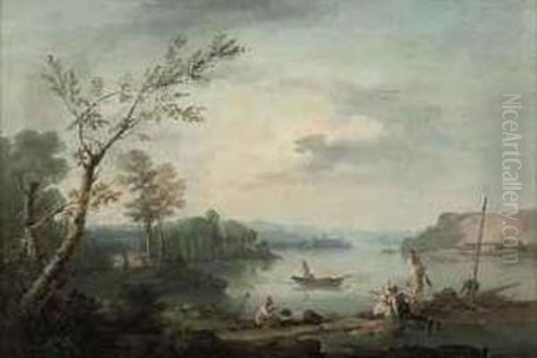 A Wooded River Landscape With Fisherfolk Oil Painting by Louis-Gabriel Moreau the Elder