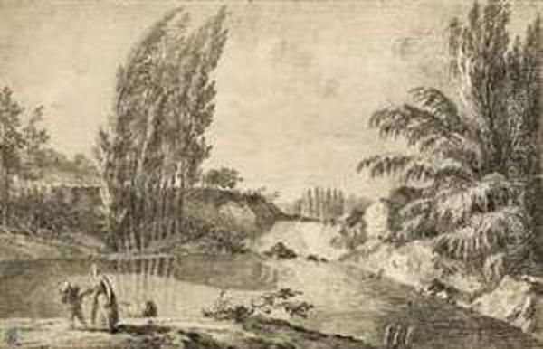 Figures In A Wooded River Landscape Oil Painting by Louis-Gabriel Moreau the Elder