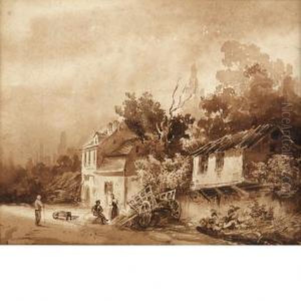 Figures Beside A Cottage Oil Painting by Louis-Gabriel Moreau the Elder