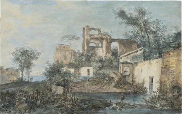 An Italianate Landscape With Ruins Oil Painting by Louis-Gabriel Moreau the Elder