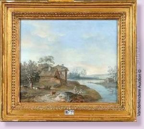 Paysage Anime A La Riviere Oil Painting by Louis-Gabriel Moreau the Elder