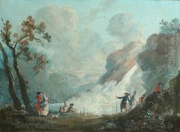 A Waterfall With Figures In The Foreground Oil Painting by Louis-Gabriel Moreau the Elder