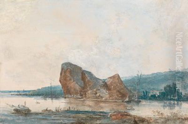 Kustenlandschaft Mit Booten An Einem Grosen Felsen Oil Painting by Louis-Gabriel Moreau the Elder