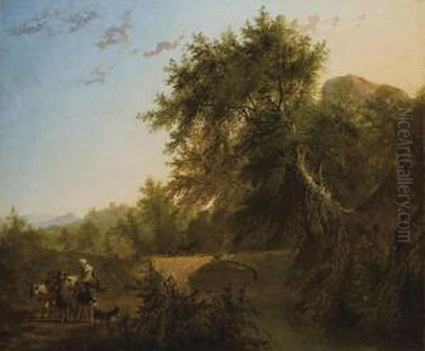 A Landscape With A Bridge And Peasants Oil Painting by Louis-Gabriel Moreau the Elder