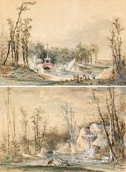 Le Jardin De Bagatelle : Le Pont Chinois Et La Cascade Oil Painting by Louis-Gabriel Moreau the Elder