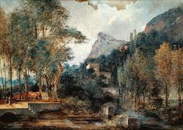 Paysage Au Lavoir Oil Painting by Louis-Gabriel Moreau the Elder