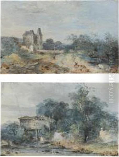 A Pair Of Landscapes, One With A Small Castle, The Other With A Rustic Building Oil Painting by Louis-Gabriel Moreau the Elder