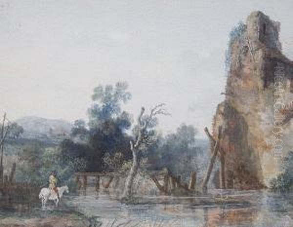 A Rocky Landscape With A Horseman Fording A Stream Oil Painting by Louis-Gabriel Moreau the Elder