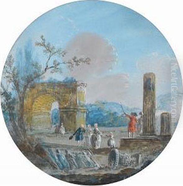 Elegant Figures Inspecting Ruins Oil Painting by Louis-Gabriel Moreau the Elder