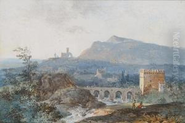 Landscape With An Aqueduct Oil Painting by Louis-Gabriel Moreau the Elder