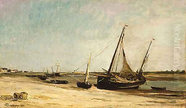 Boats on the Seacoast at aples 1871 Oil Painting by Charles-Francois Daubigny