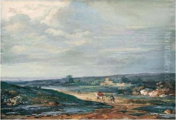 Landscape With A Horseman And A Beggar In The Foreground Oil Painting by Louis-Gabriel Moreau the Elder