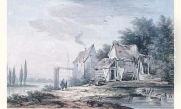 Chaumiere Au Bord De La Riviere Oil Painting by Louis-Gabriel Moreau the Elder