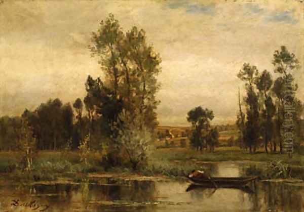 Barque sur l'tang (Boat on the Pond) Oil Painting by Charles-Francois Daubigny