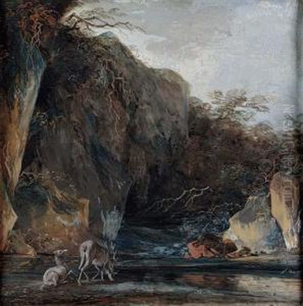 A Stag And A Hind At A Stream Below Cliffs Oil Painting by Louis-Gabriel Moreau the Elder